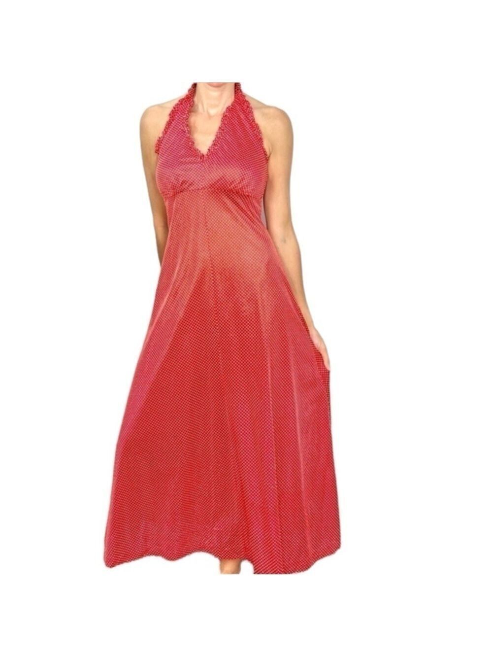 Vintage Red White Dot Ruffle Halter Maxi Dress